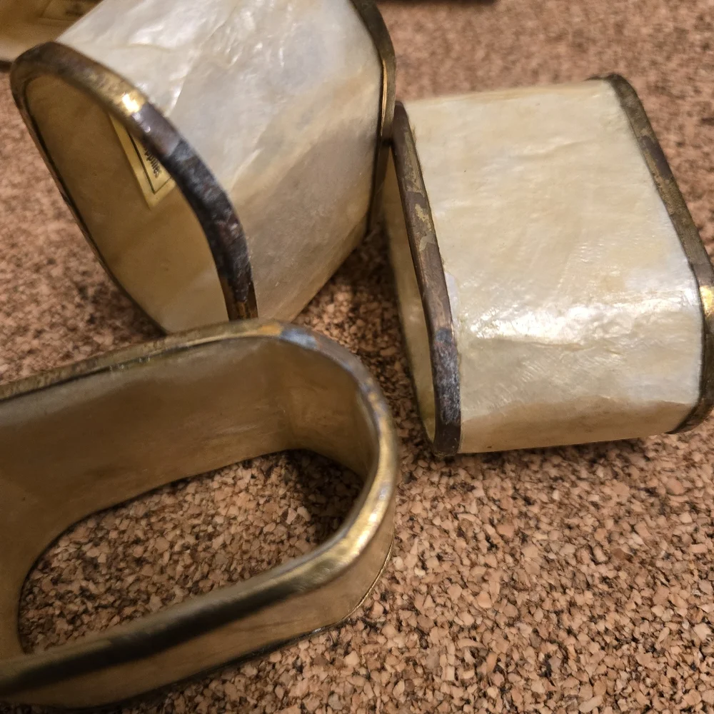 Capiz Shell Napkin Rings Holders Banded With Metal Set Of 6 Philippines Vintage